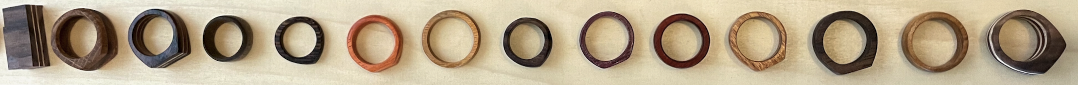 Wooden rings of various colors and sizes.